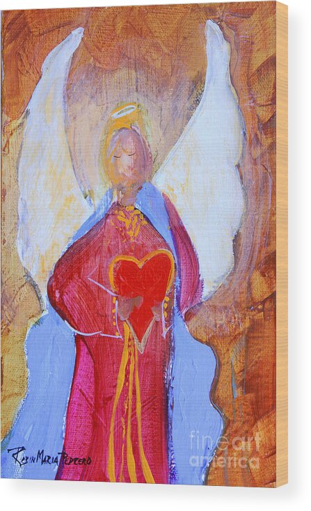 Angel. Heart Wood Print featuring the painting Precious Heart Angel by Robin Pedrero