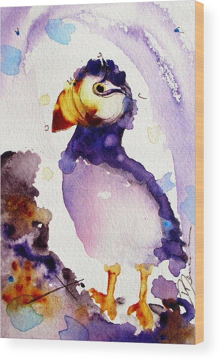 Puffin Art Wood Print featuring the painting Purple Puffin by Dawn Derman