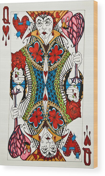 Queen Of Hearts Wood Print featuring the drawing Queen Of Hearts Face Card by Jani Freimann