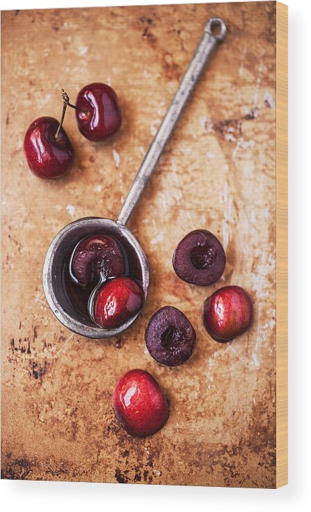 Cherry Wood Print featuring the photograph Red Cherries And Vitage Spoon by One Girl In The Kitchen