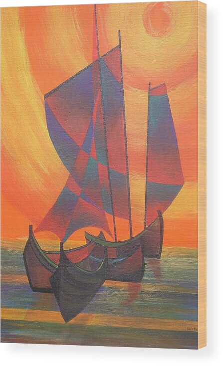 Sailboat Wood Print featuring the painting Red Sails In The Sunset by Taiche Acrylic Art