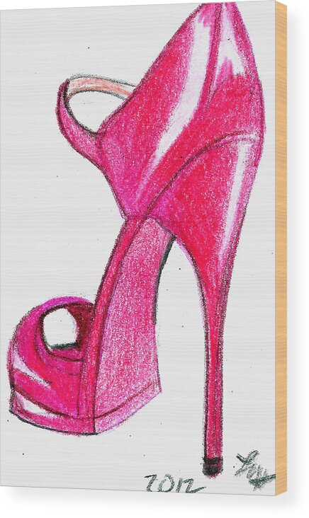 Red Stiletto Wood Print featuring the drawing Red Stiletto by Loretta Nash