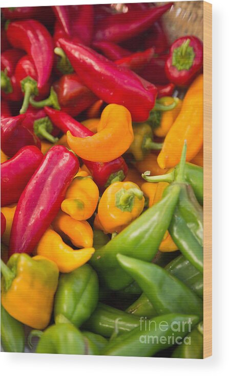 Red Wood Print featuring the photograph Red Yellow Green Peppers Together by Rebecca Cozart