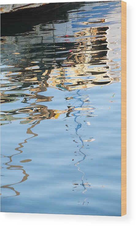Water Italy Reflections Boats White Blue Wood Print featuring the photograph Reflections - white by Susie Rieple