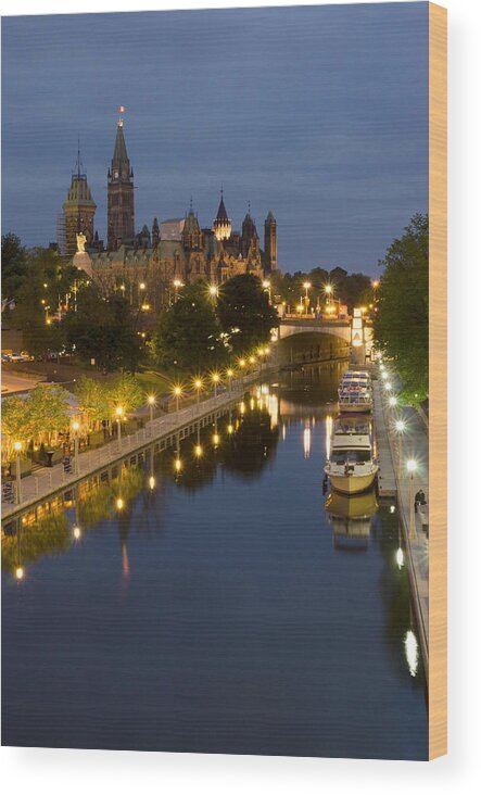 Pixels Wood Print featuring the photograph Rideau Canal and the Parliament Buildings at Night by Rob Huntley