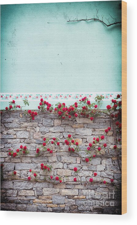Architecture Wood Print featuring the photograph Roses on a wall by Silvia Ganora