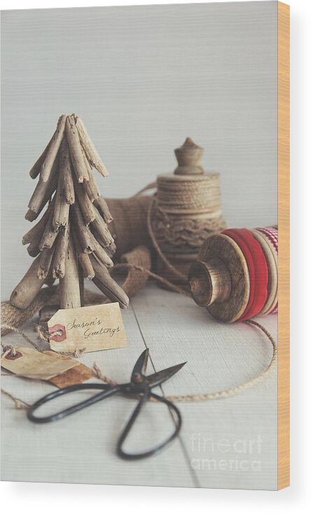 Christmas Wood Print featuring the photograph Rustic twine and ribbon for wrapping gifts by Sandra Cunningham