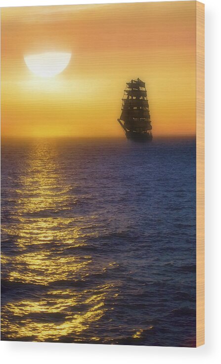Sailing Ship Wood Print featuring the photograph Sailing out of the Fog at Sunrise by Jason Politte