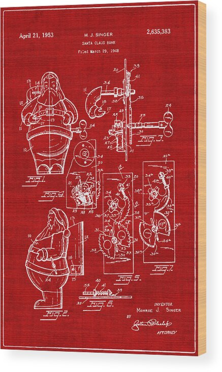 Retro Revival Wood Print featuring the photograph Santa Claus Bank Support Patent Drawing From 1953 3 by Samir Hanusa