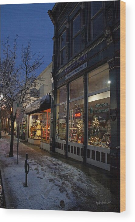 Snow Wood Print featuring the photograph Snow on G Street - Old Town Grants Pass by Mick Anderson