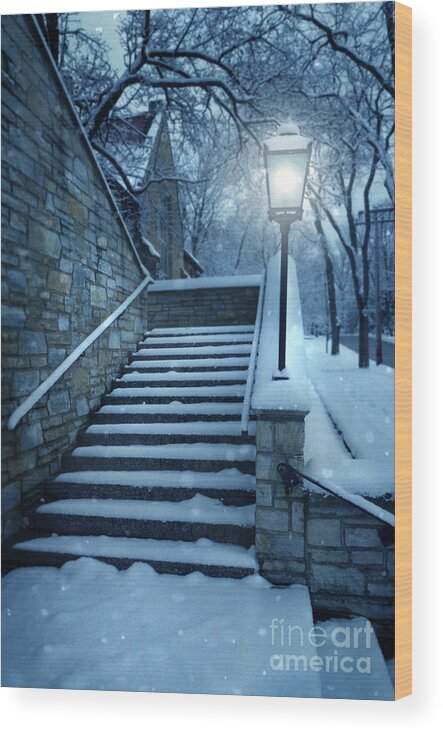 Exterior Stairway Lit By Old Light Post Wood Print featuring the photograph Snowy Stairway by Jill Battaglia