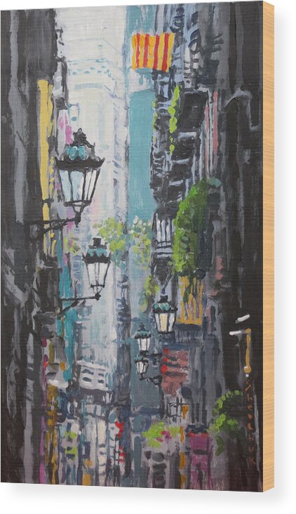 Acrylic On Paper Wood Print featuring the painting Spain Series 03 Barcelona by Yuriy Shevchuk