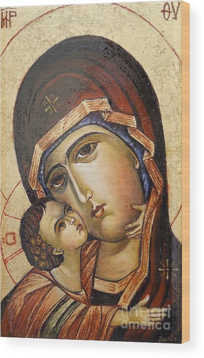 Icon Wood Print featuring the painting St. Mary and Jessus by Sorin Apostolescu
