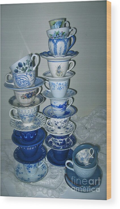 Stack Of Blue Tea Cups Wood Print featuring the photograph Stack of Blue Teacups by Nancy Patterson