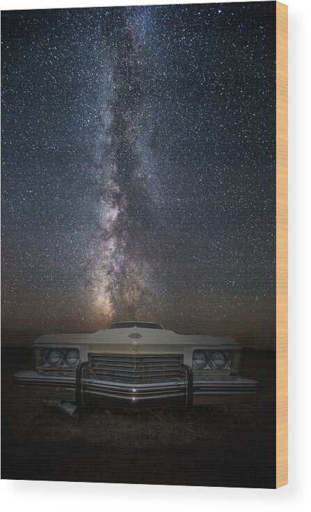 #1970s #buick #gm #highmore #south Dakota #aaron J. Groen #abandoned #astrophotography #auto #bumper #car #dagger #front #galactic Center #galaxy #homegroen Photography #milky Way #milky Way And Decay #night #nightscape #riviera #rust #sky #stardust And Rust #stars Wood Print featuring the photograph Stardust and Rust Riviera by Aaron J Groen