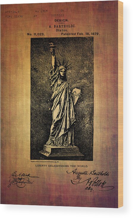 Liberty Wood Print featuring the digital art Statue if liberty original patent by Bartholdi 1879 by Eti Reid