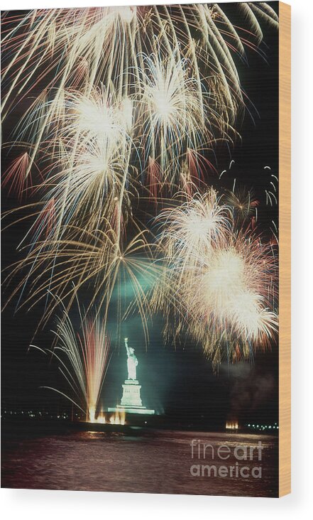 Firework Wood Print featuring the photograph Statue Of Liberty Fireworks by Carroll Seghers