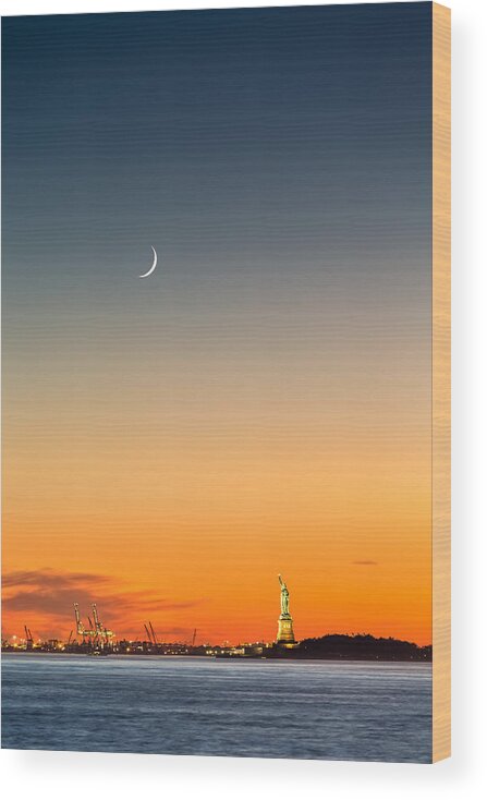 America Wood Print featuring the photograph Statue of Liberty under a crescent moon by Mihai Andritoiu