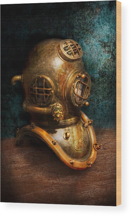 Hdr Wood Print featuring the photograph Steampunk - Diving - The diving helmet by Mike Savad