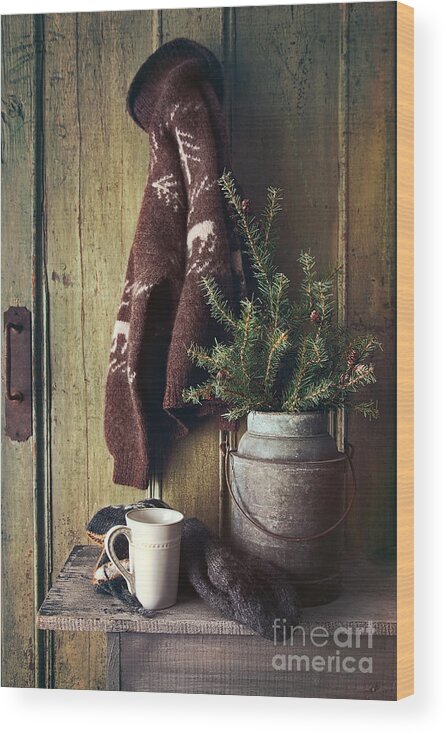 Beverage Wood Print featuring the photograph Still life of mug on bench and rustic sweater by Sandra Cunningham