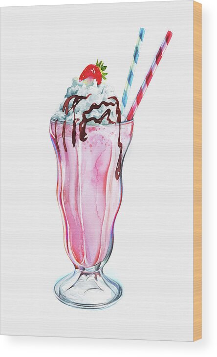 Chocolate Icing Wood Print featuring the painting Strawberry Milkshake With Whipped Cream by Ikon Ikon Images