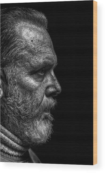 Sweater Wood Print featuring the photograph Strong B&w Portrait Of A Rugged Looking by Cmannphoto