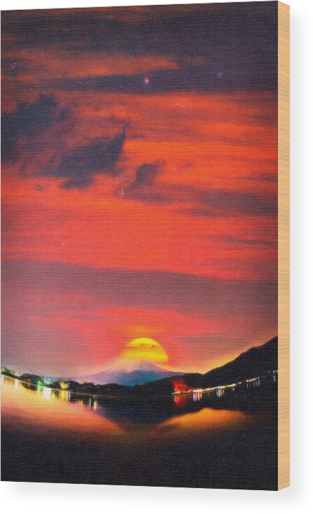 Sunset At Mystical Mount Fuji Japan Art Wood Print featuring the painting Sunset At Mystical Mount Fuji Japan Art by MotionAge Designs