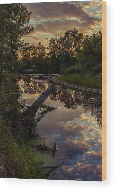 Landscape Wood Print featuring the photograph Sunset on the quiet river by Dmytro Korol