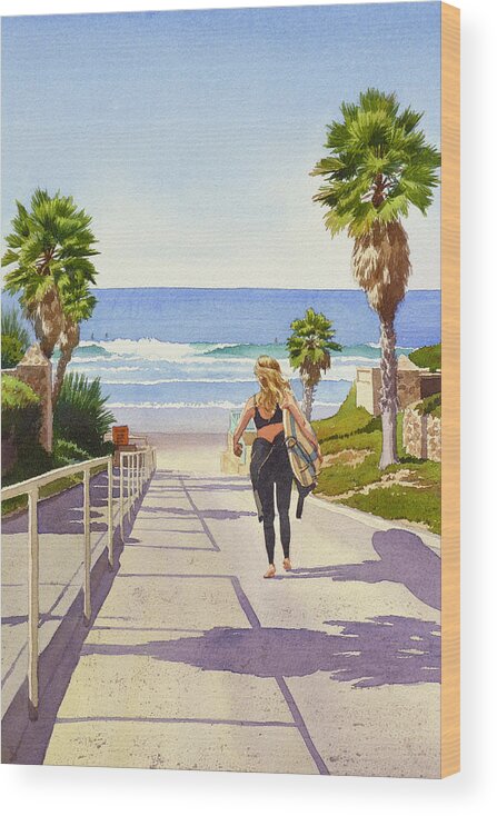 Surfer Wood Print featuring the painting Surfer Girl at Fletcher Cove by Mary Helmreich