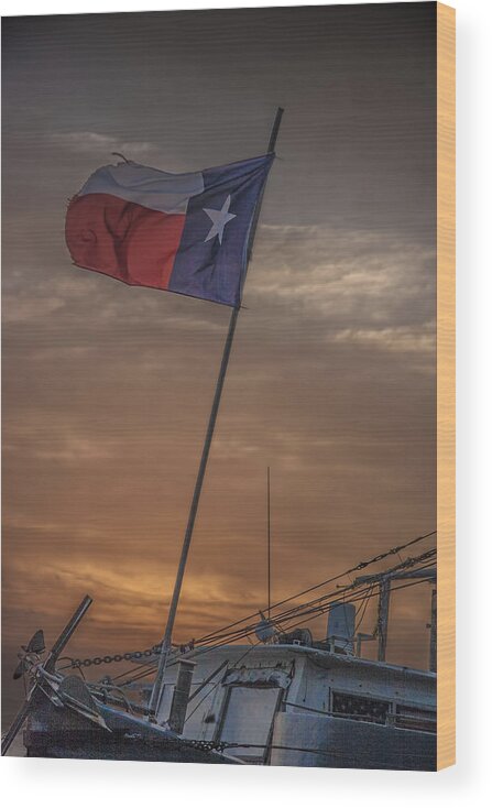 Migration Wood Print featuring the photograph Texas Flag Flying from a Fishing Boat at Sunrise by Randall Nyhof
