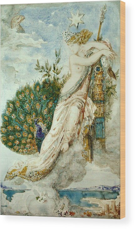 Gustave Moreau Wood Print featuring the drawing The Peacock complaining to Juno by Gustave Moreau