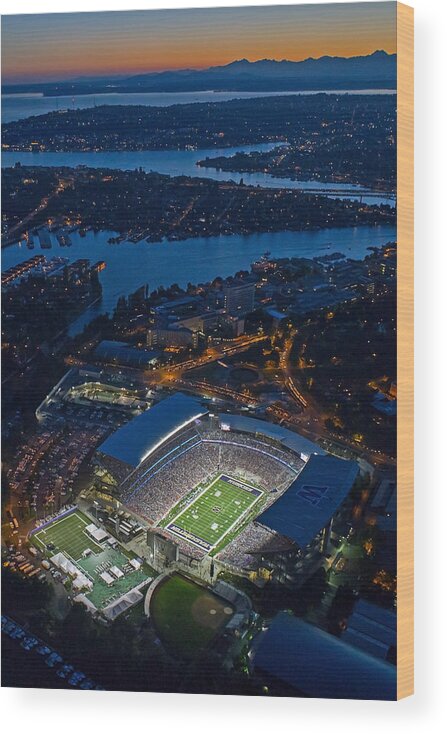 Husky Stadium Wood Print featuring the photograph Husky Stadium at Dusk by Max Waugh