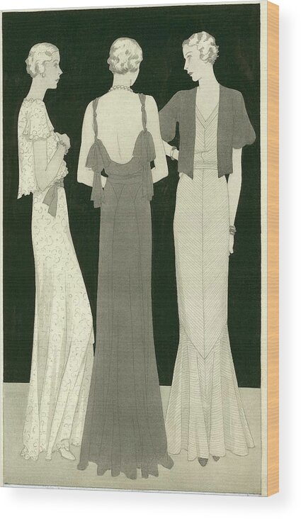 Fashion Wood Print featuring the digital art Three Women Standing In A Circle by Polly Tigue Francis