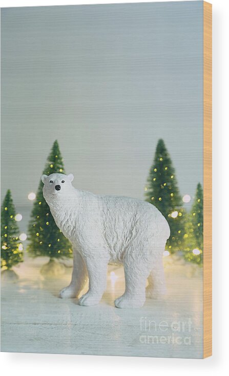 Christmas Wood Print featuring the photograph Toy polar bear with little trees and lights by Sandra Cunningham