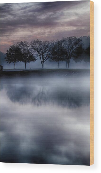 Fog Wood Print featuring the photograph Trees on Foggy Lake by Joe Myeress