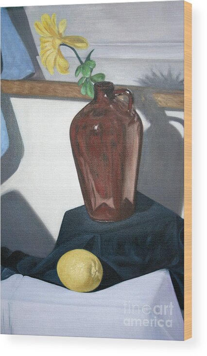 Vase With Flower And Lemon Still Wood Print featuring the painting Vase with flower and lemon still by Mukta Gupta