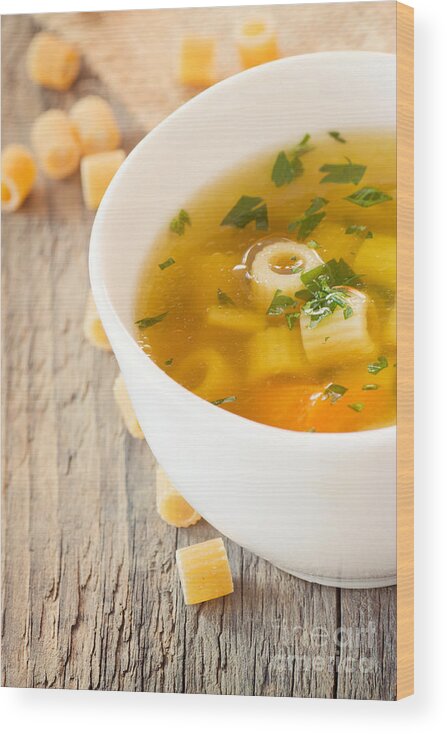 Appetizer Wood Print featuring the photograph Vegetable soup with pasta by Mythja Photography
