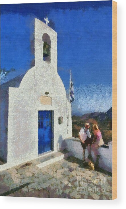 Serifos; Chora; Hora; Village; Town; Greece; Hellas; Greek; Cyclades; Kyklades; Aegean; Islands; People; Island; Tourists; Man; Woman; Couple; Holidays; Vacation; Travel; Trip; Voyage; Journey; Tourism; Touristic; Summer; White; Blue Sky; Hill; Top; Chapel; Church; Agios Konstantinos; Religion; Faith; Belief; View; Sight; Paint; Painting; Paintings Wood Print featuring the painting View from the top of Serifos island by George Atsametakis