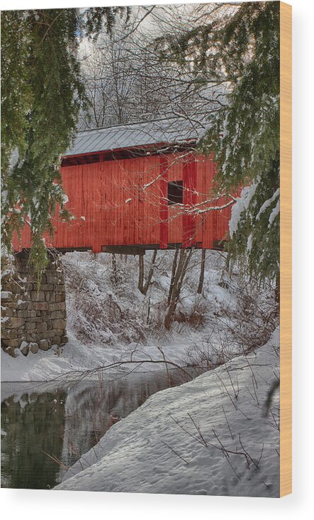 Covered Bridge Wood Print featuring the photograph View through the boughs of Vermont covered bridge by Jeff Folger