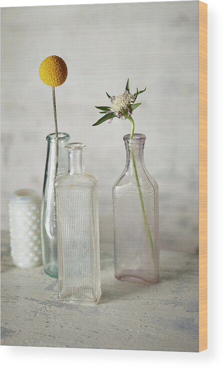 Fragility Wood Print featuring the photograph Vintage Bottles And Flowers by Lew Robertson