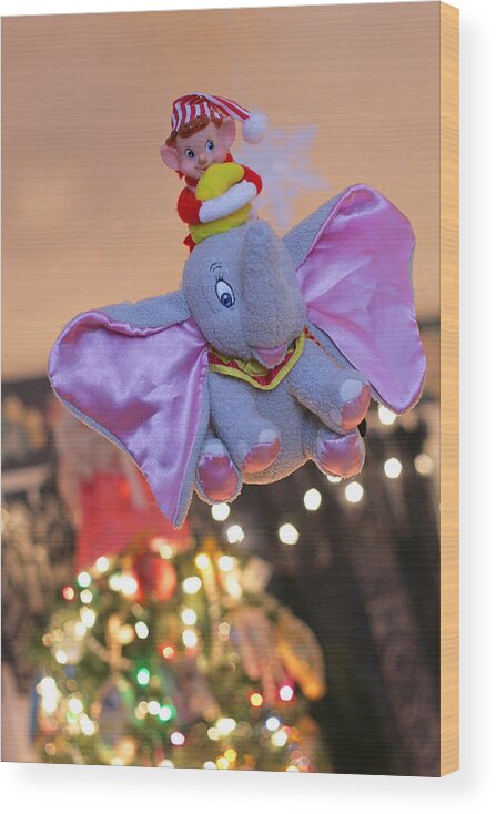 Vintage Christmas Elf Wood Print featuring the photograph Vintage Christmas Elf Flying with Dumbo by Barbara West