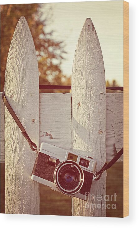 Sunrise Wood Print featuring the photograph Vintage film camera on picket fence by Edward Fielding
