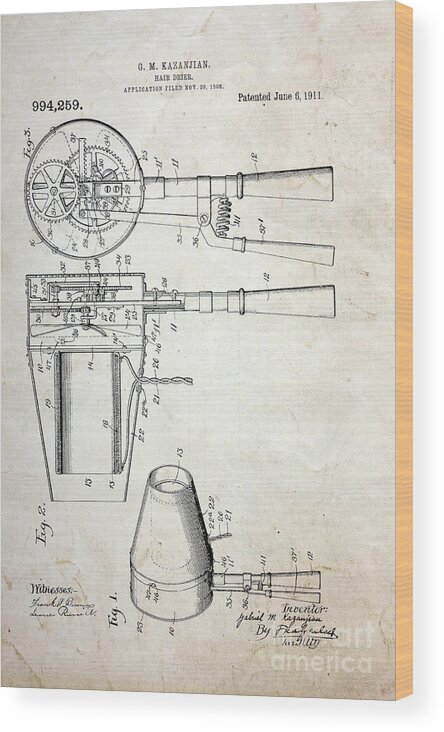 Paul Ward Wood Print featuring the photograph Vintage Hair Dryer Patent by Paul Ward