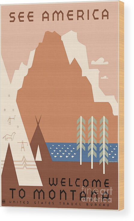 Vintage See America Travel Poster Wood Print featuring the drawing Vintage Montana Travel Poster by Jon Neidert