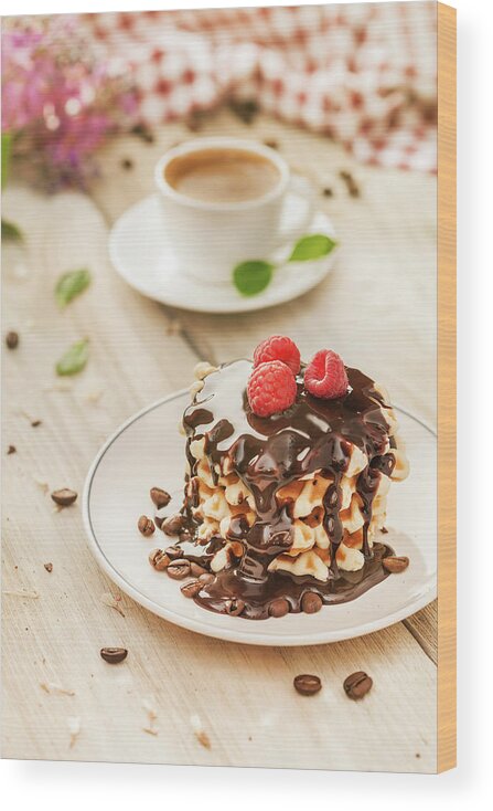 Breakfast Wood Print featuring the photograph Waffles With Raspberry, Chocolate Sauce by Da-kuk