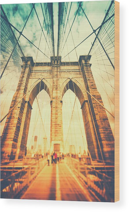 Architectural Feature Wood Print featuring the photograph Walk Across Brooklyn Bridge New York by Rike 