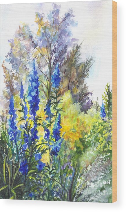 Floral Wood Print featuring the painting Where The Delphinium Blooms by Carol Wisniewski