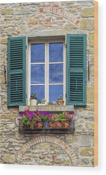 Arch Wood Print featuring the photograph Window of Tuscany with Green Wood Shutters by David Letts