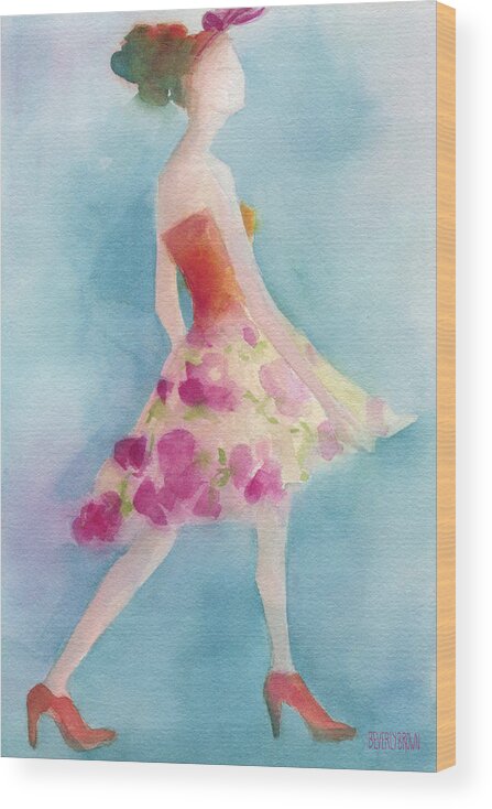 Fashion Wood Print featuring the painting Woman in a Pink Flowered Skirt Fashion Illustration Art Print by Beverly Brown Prints