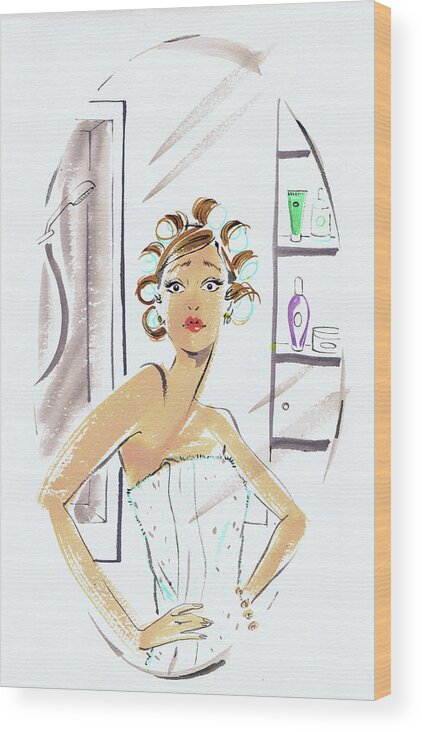 20-24 Years Wood Print featuring the painting Woman In Curlers And Towel Looking by Ikon Images